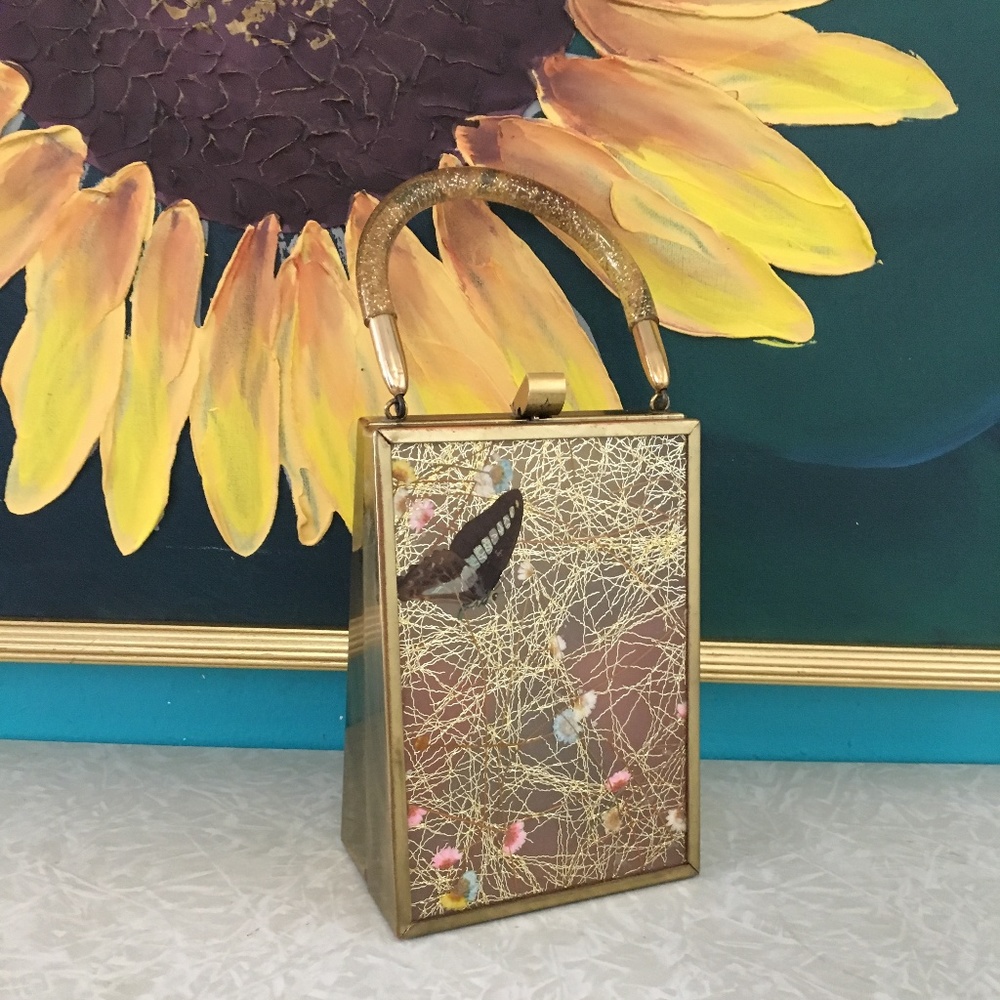 Lucite Butterfly Metal Sparkly Box Purse Handbag